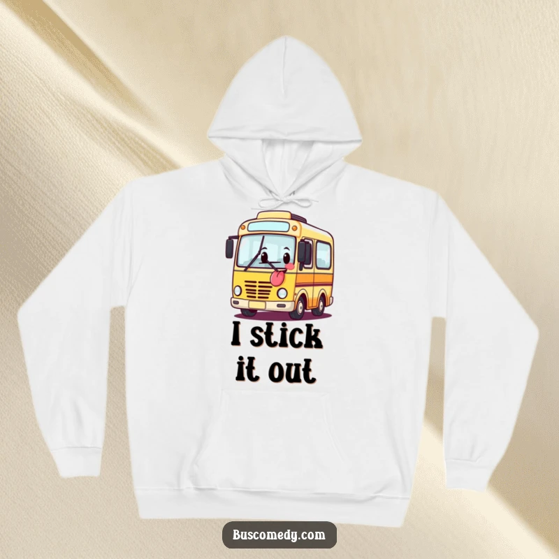 Funny hoodie showcasing a bus character playfully sticking its tongue out, radiating sassy and comical vibes.