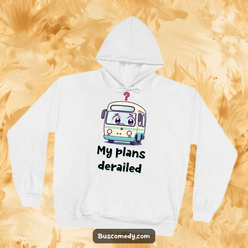 Funny Kawaii Bus Hoodie: Comfortable hoodie with a surprised kawaii bus character, question mark indicating bewilderment.