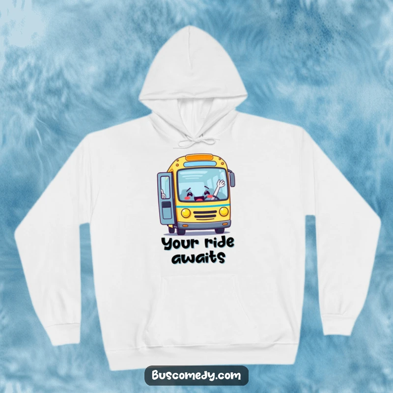 Funny hoodie featuring an excited bus character with its door open wide, waving to welcome everyone aboard for a cozy trip.
