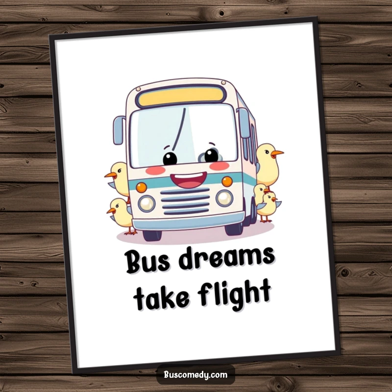 Funny Free Printable Wall Art: A cheerful bus with a huge smile being towed by a flock of happy birds.
