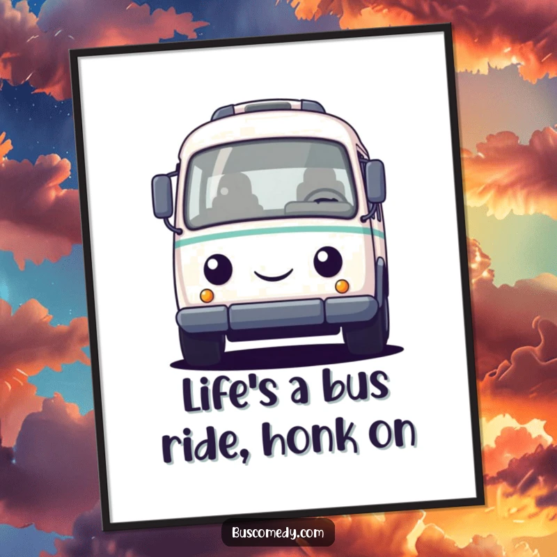 Funny Free Printable wall art of a small, round bus with a friendly face, actively honking its horn with glee.