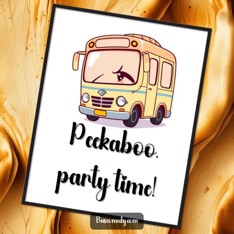 Funny Free Printable Kawaii bus wall art peeking around a corner with a mischievous wink, adding sneaky charm to decor.