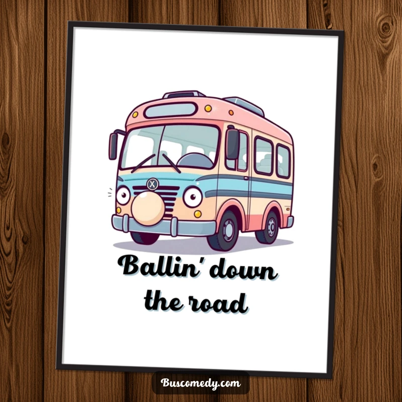 Free Printable Wall Art: A playful bus character is playfully nudged by a bouncing ball, creating a scene of fun.