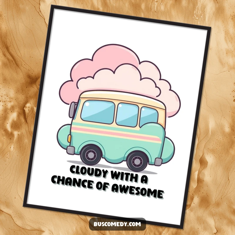 Funny Free Printable Wall Art: Shy bus character peeking from behind a colorful cloud, cute interactive decor for a child's room.
