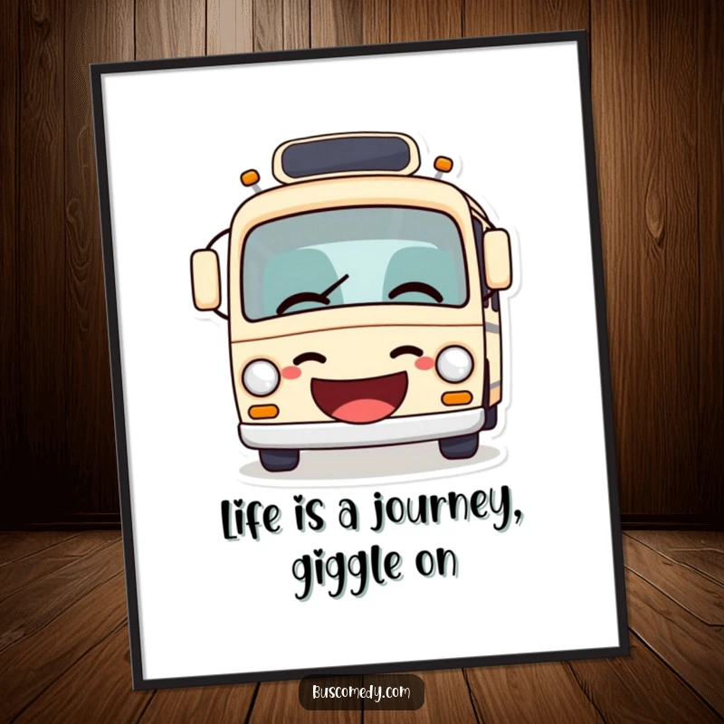 Funny free printable wall art of a cute bus character telling a joke, mouth agape in a hilarious giggle, adding humor to any room.