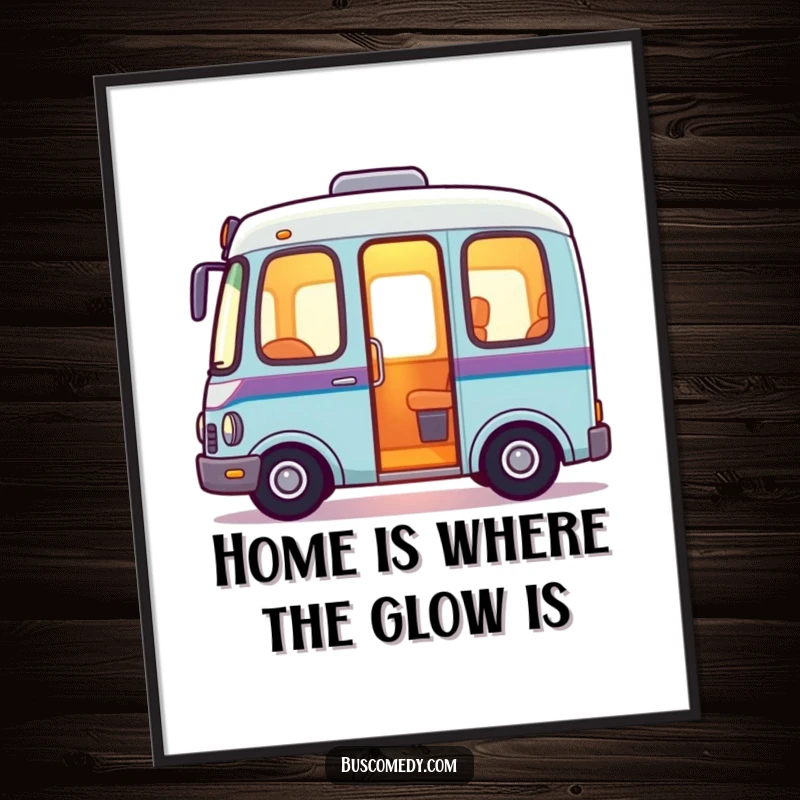 Funny free printable wall art of a friendly bus character emitting a warm, inviting glow from its interior, creating a cozy ambiance.