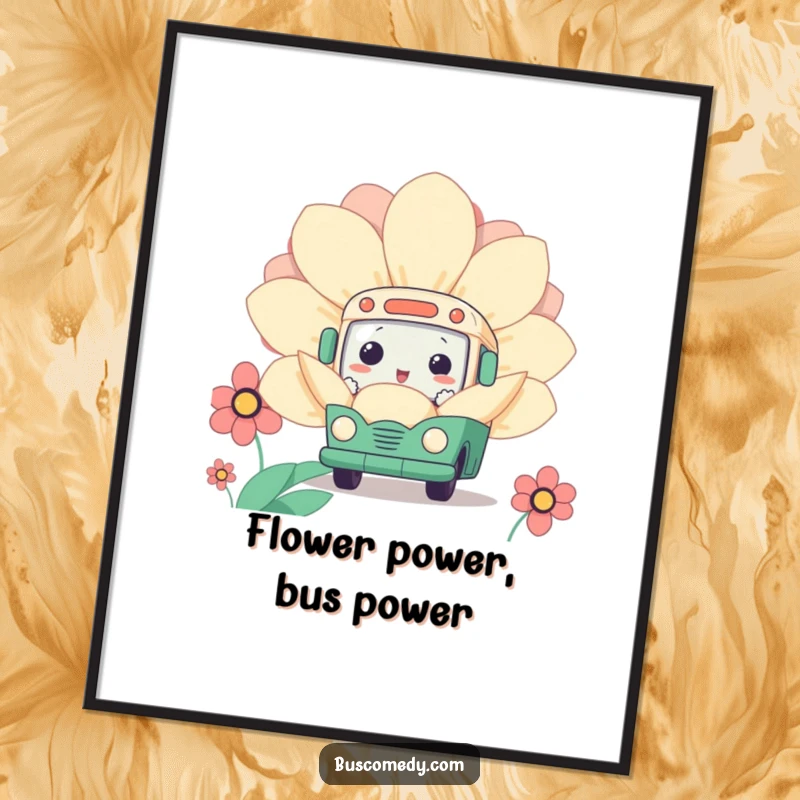 Funny Free Printable Wall Art: a curious kawaii bus character peeking out from behind a large, colorful flower.