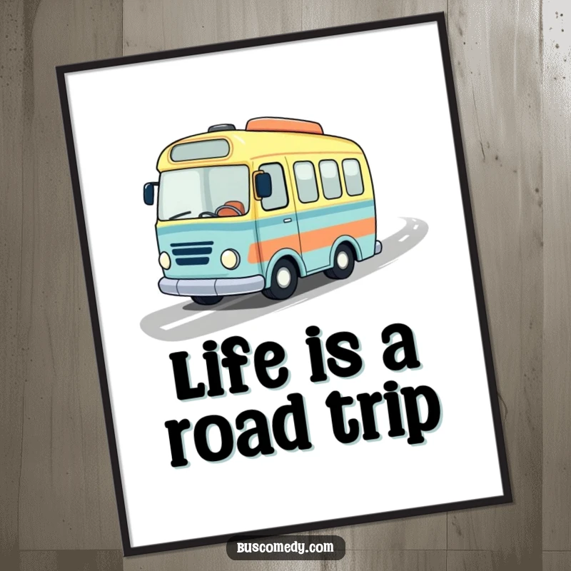 Funny Free Printable Wall Art depicting a small bus in a jaunty hat, speeding with flair along a stylized wavy road.