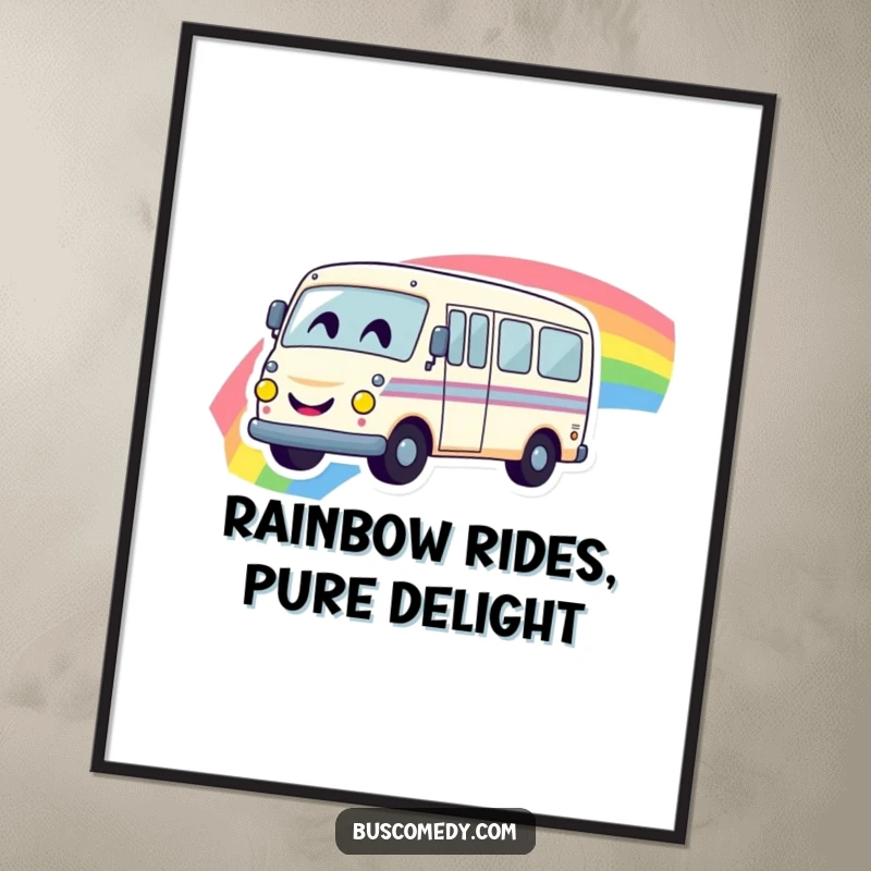 Funny Free Printable Wall Art of a happy bus with a smiley face driving on a bright, colorful rainbow.
