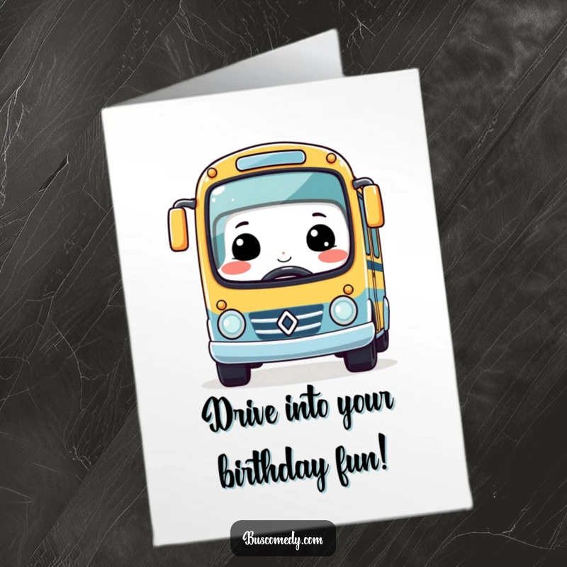 Funny Free Printable Birthday Card: Cute kawaii bus with a big smile racing a tiny car, a fun downloadable gift.