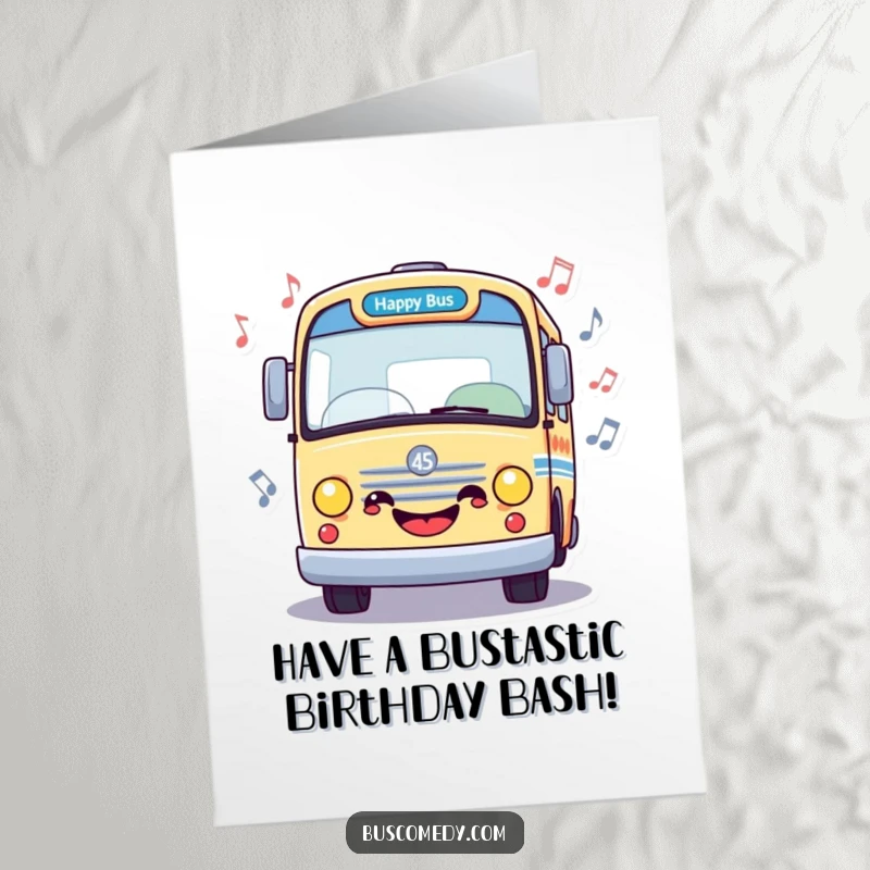 Funny Free Printable Birthday Card featuring a happy bus character surrounded by floating musical notes.