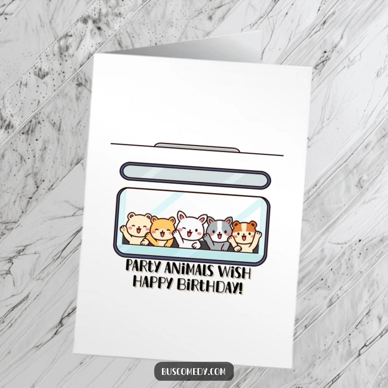 Funny Free Printable Birthday Card: Smiling animal passengers waving happily from a bus window, radiating contagious birthday cheer. Cute and fun.