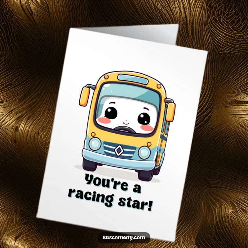 Funny Free Printable Congrats Card: Cute kawaii bus smiles while racing a tiny car, a speedy downloadable gift.