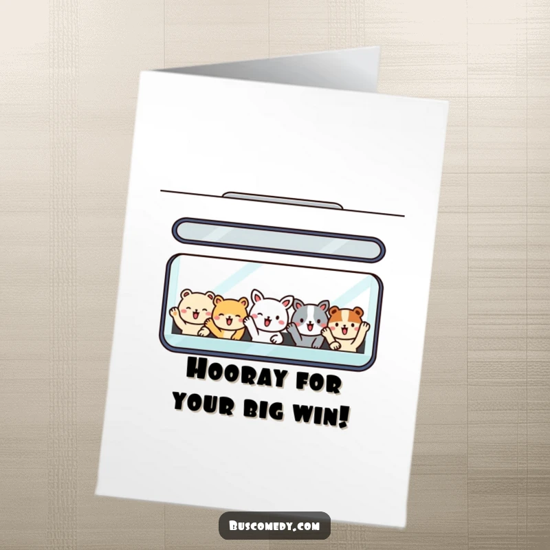 Funny Free Printable Congratulations Card: Small, smiling animal passengers waving from a bus window, sharing in the excitement of success. Adorable gift.
