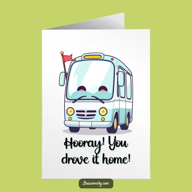 Free Printable Kawaii Bus Congrats Card: Waving Flag Bus Downloadable Achievement Gift