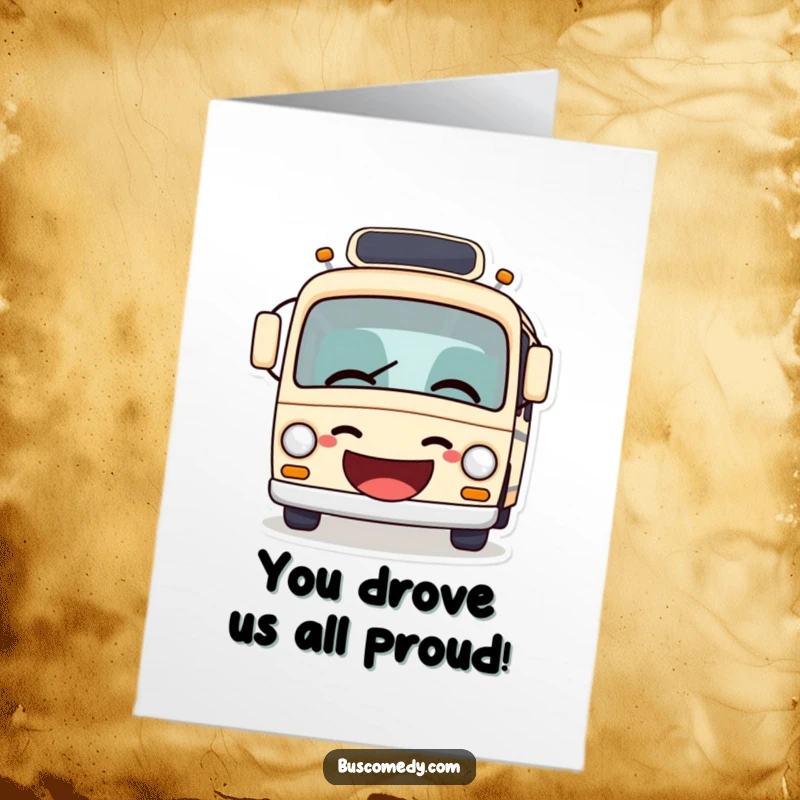 Funny free printable congratulations card showcasing a laughing bus character bursting with joy and humor, perfect for any celebration.