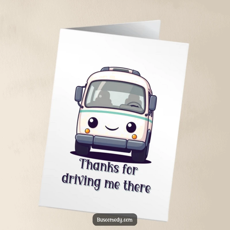 Funny Free Printable thank you card with a friendly bus character honking its horn, conveying thanks with enthusiasm.