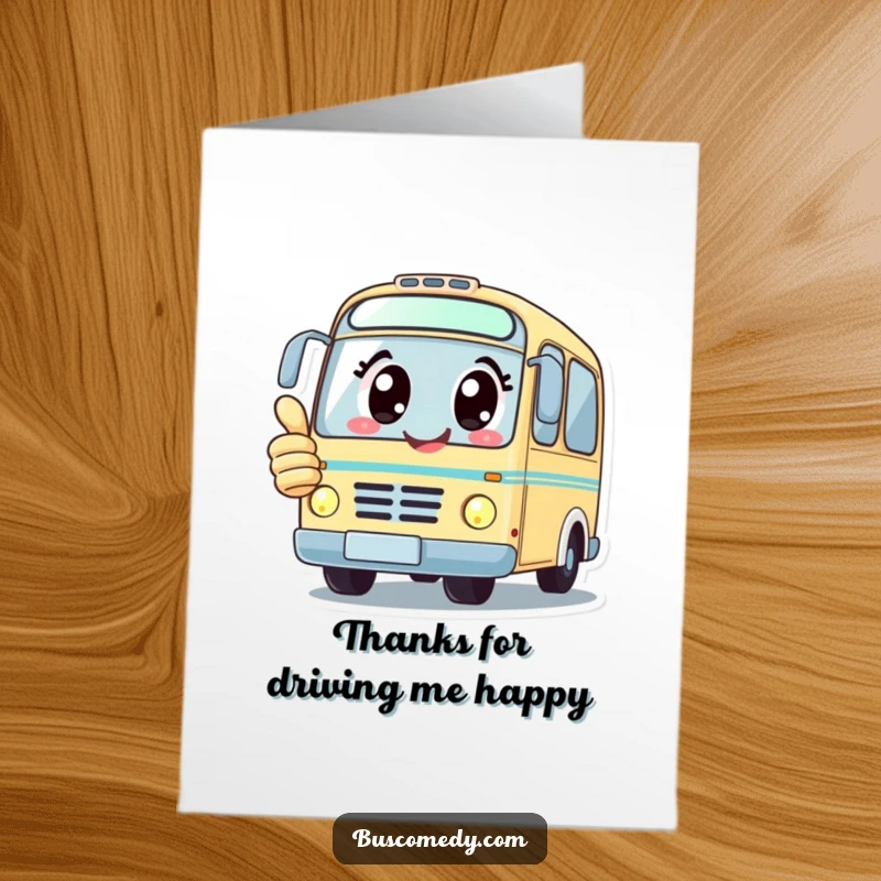 Funny Free Printable Thank You Card: A kawaii bus character with big, happy eyes gives a thumbs up, conveying thanks.