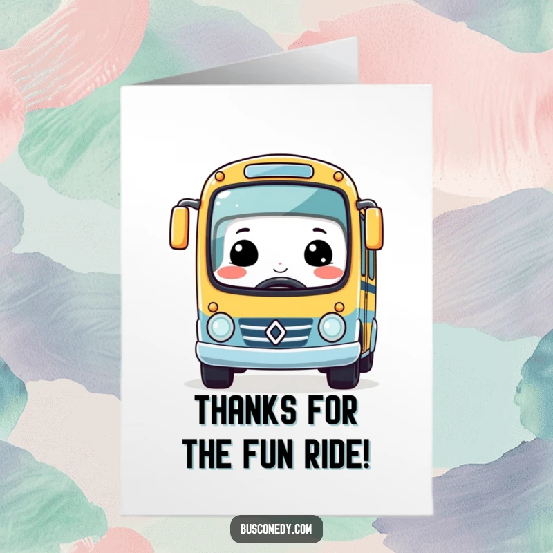 Funny Free Printable Thank You Card: Cute kawaii bus racing a tiny car, a speedy downloadable gift for thanks.