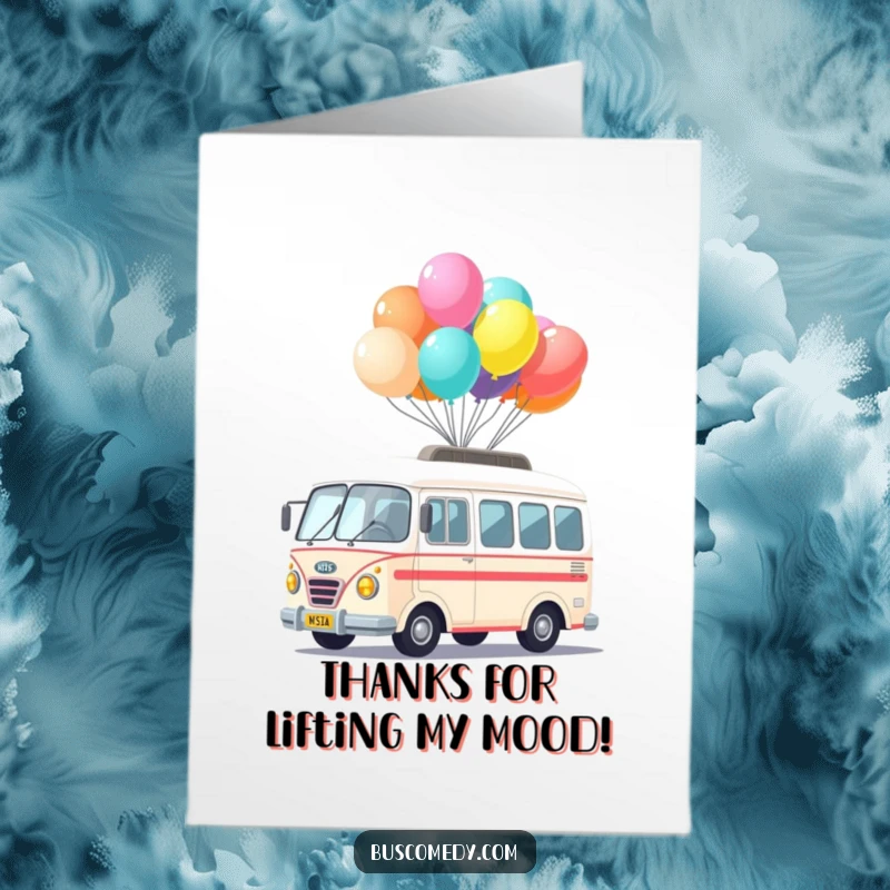 Funny Free Printable Thank You Card: a cute kawaii bus character balancing a stack of colorful balloons on its roof.