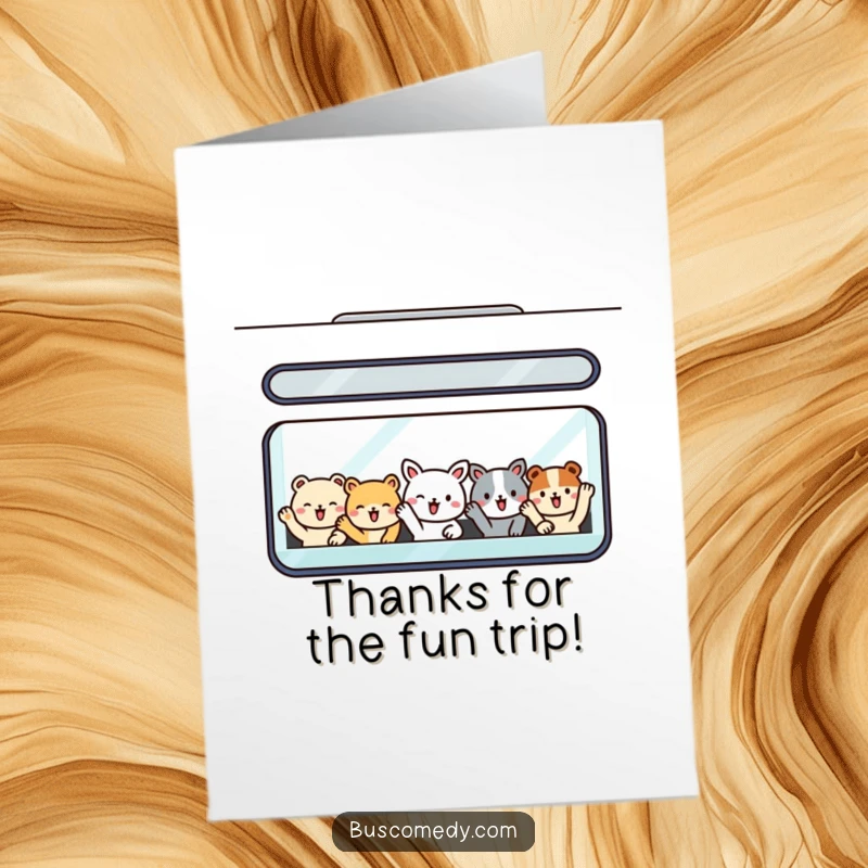 Funny Free Printable Thank You Card: A bus window filled with small, smiling animal passengers waving happily, sending cheerful thanks. Cute and memorable.