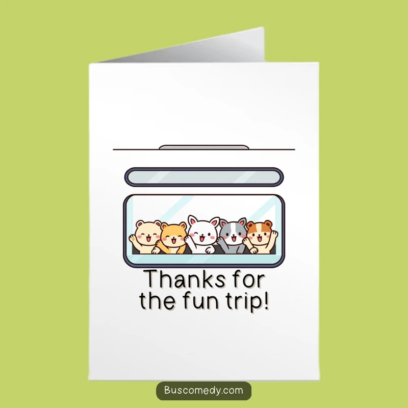 Free Printable Thank You Card: Smiling Animals in Bus Funny Downloadable Gift