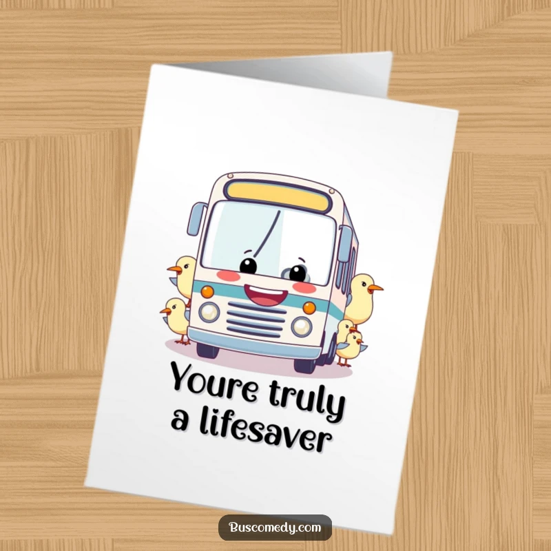 Funny Free Printable Thank You Card: A happy bus with a wide grin being towed by a flock of adorable birds.