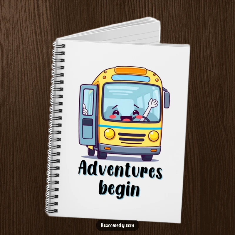 Funny notebook featuring an excited bus character with its door open wide, enthusiastically waving passengers aboard, ideal for jotting travel plans.