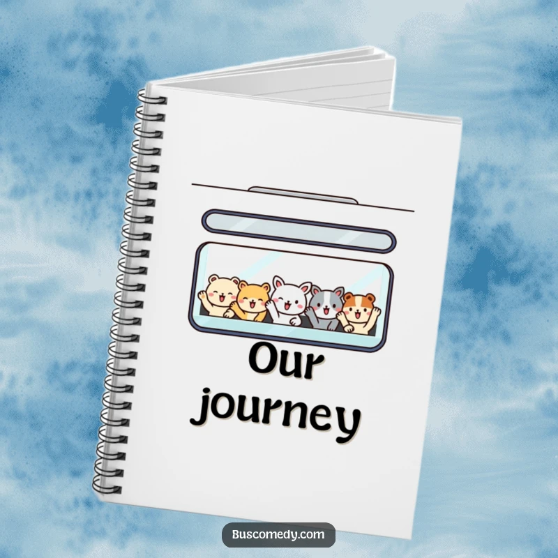 Funny notebook with smiling animal passengers waving from a bus window, perfect for jotting down cheerful thoughts.