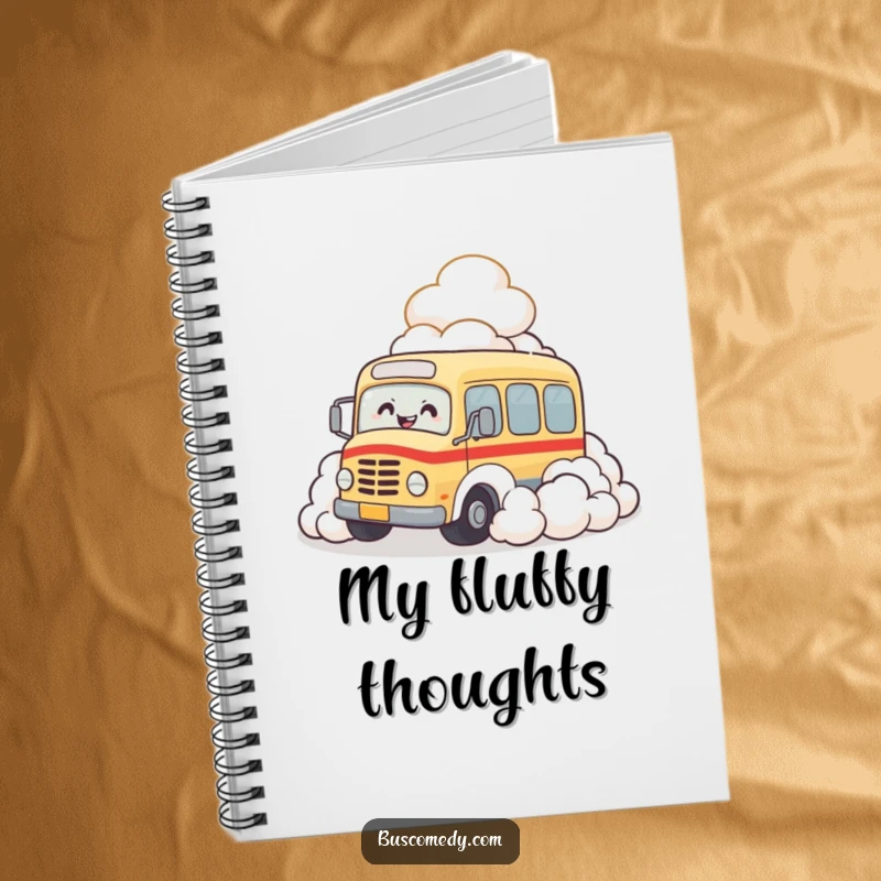Funny notebook cover illustration of a bus character diving into soft clouds and giggling with cartoonish delight.