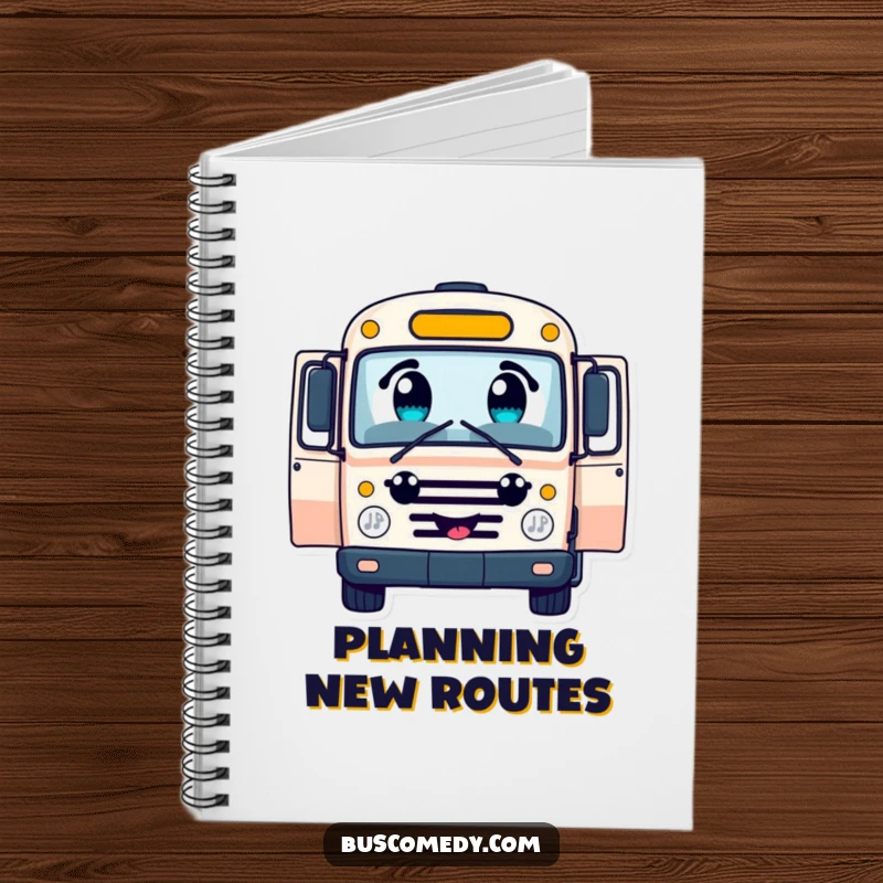 Funny cheerful bus character notebook, with large curious eyes, open doors inviting passengers, for journaling and travel plans.