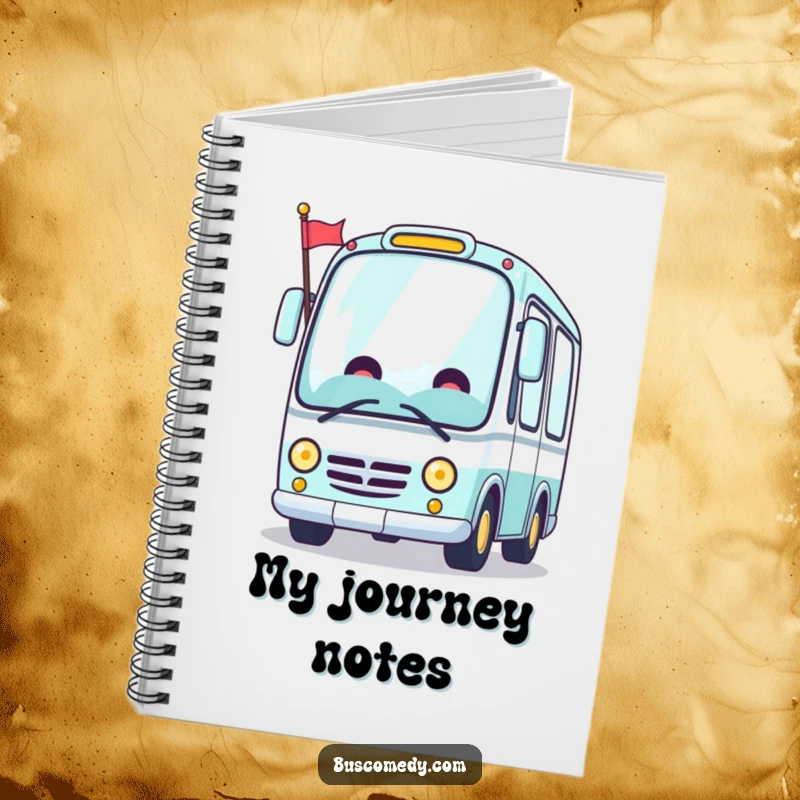 Funny Kawaii bus notebook, a cheerful bus character waving a flag, great for notes or journaling.