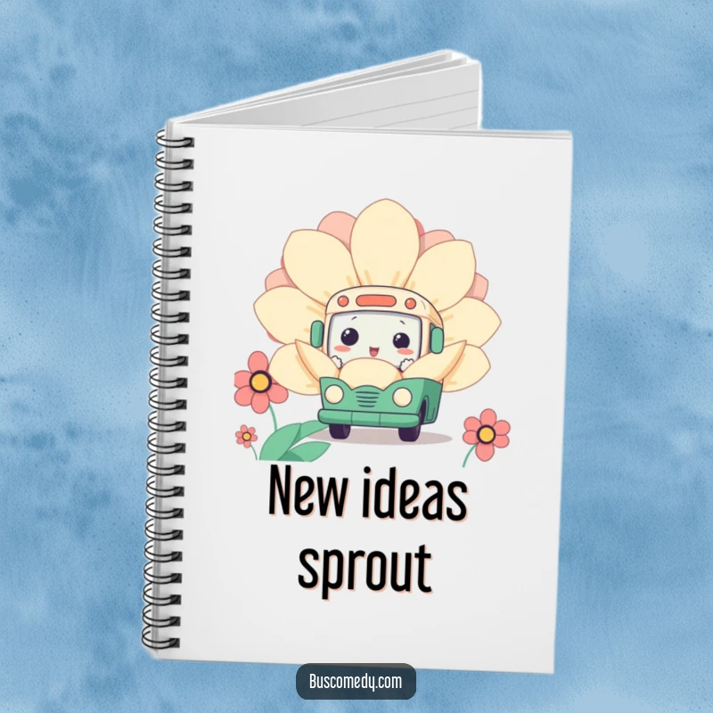 Funny Kawaii Bus Flower Notebook with a cute bus character curiously peeking from behind a giant flower, ideal for notes.