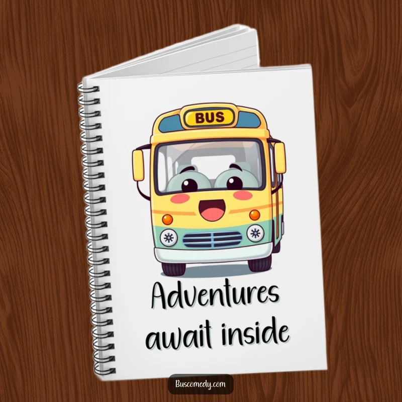 Funny notebook with a Kawaii bus character smiling broadly, ready to accompany you on your creative writing journeys.