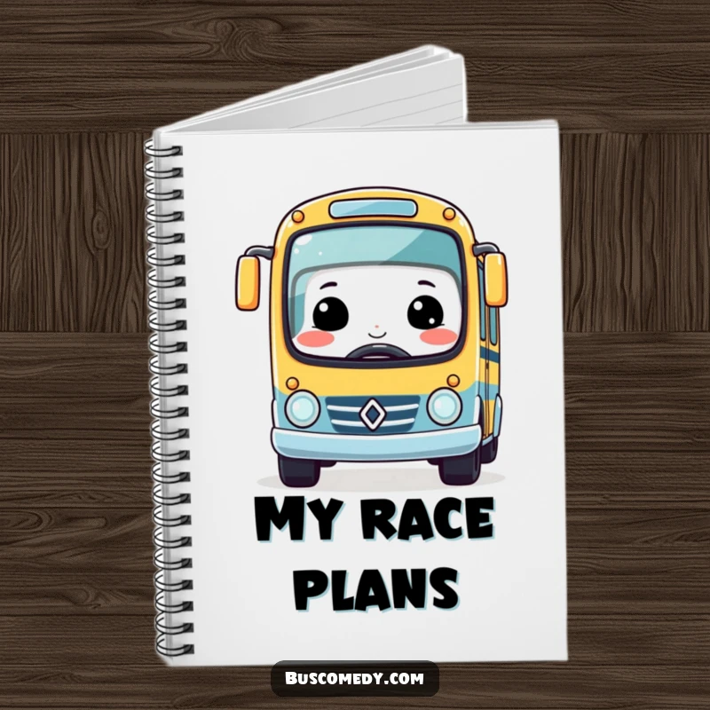 Funny Kawaii Bus Notebook with a big smile, driving a tiny race car, perfect for jotting down adventure plans.