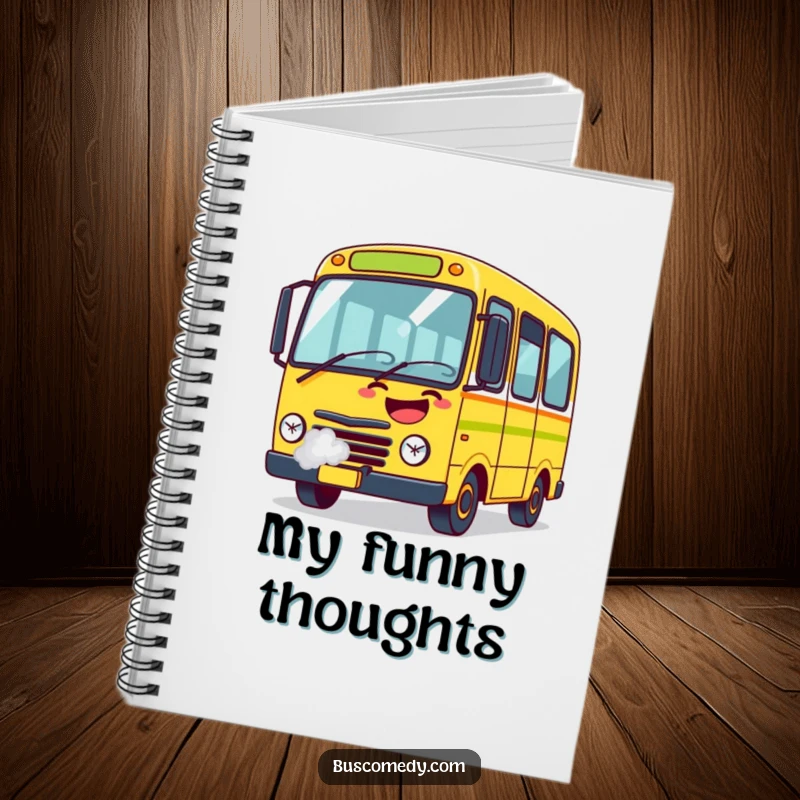 Funny Notebook with a bus character laughing uncontrollably, steam puffing from its exhaust, for jotting down notes.