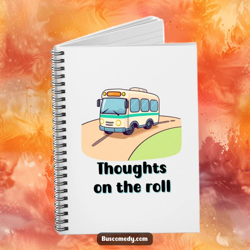 Funny notebook cover with a cute bus character rolling downhill, headlights twinkling with excitement, ready for your adventurous notes.