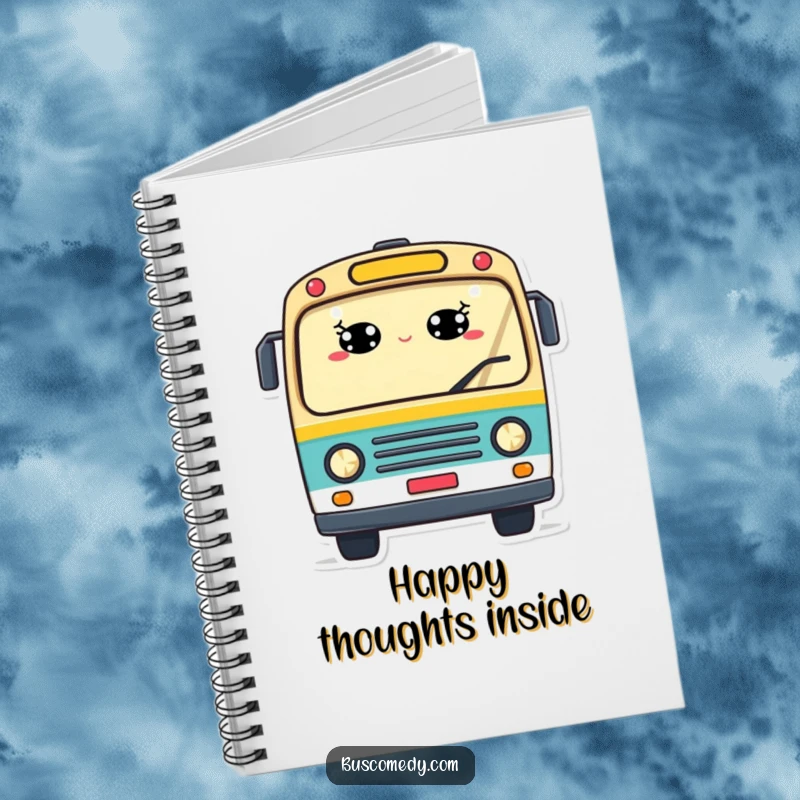 Funny notebook featuring a cheerful bus with windows like smiling eyes and a waving character, great for jotting down happy ideas.