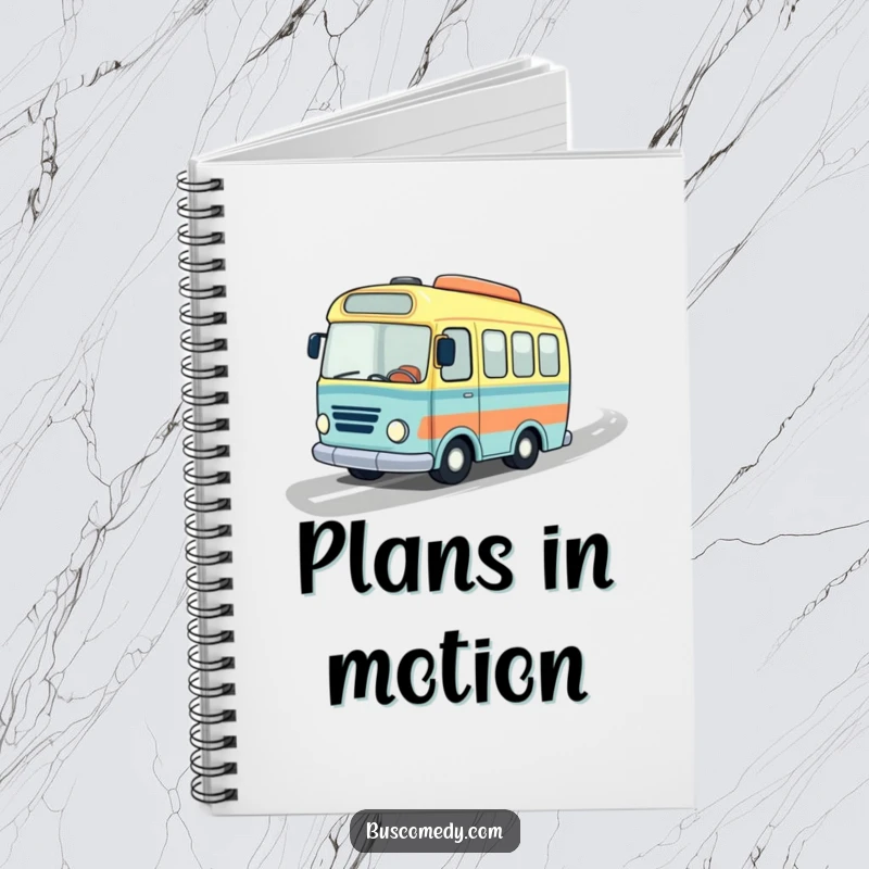 Funny notebook featuring a little bus character with a jaunty hat speeding on a wavy road, great for jotting down adventure notes.