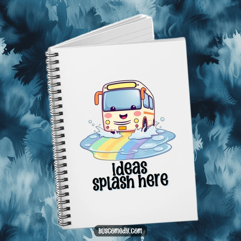Funny kawaii bus notebook, character playfully splashing through a colorful rainbow puddle, cute stationery for creative minds.