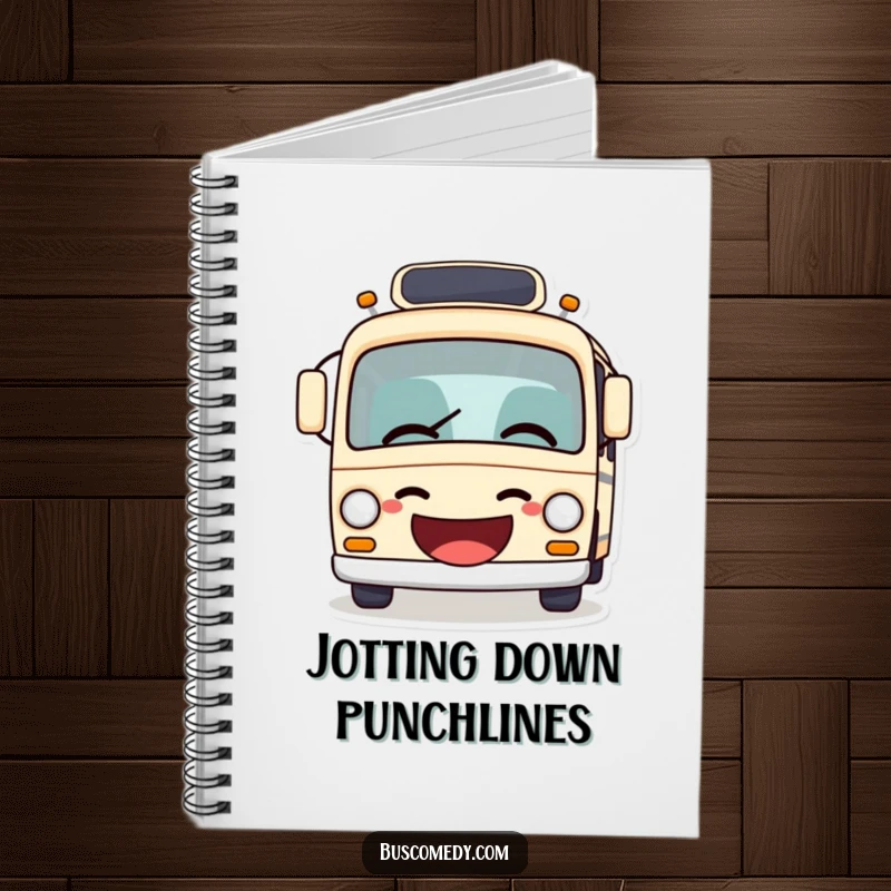 Funny bus notebook, a journal featuring a bus with its mouth open in a giggle, humorously telling a joke.