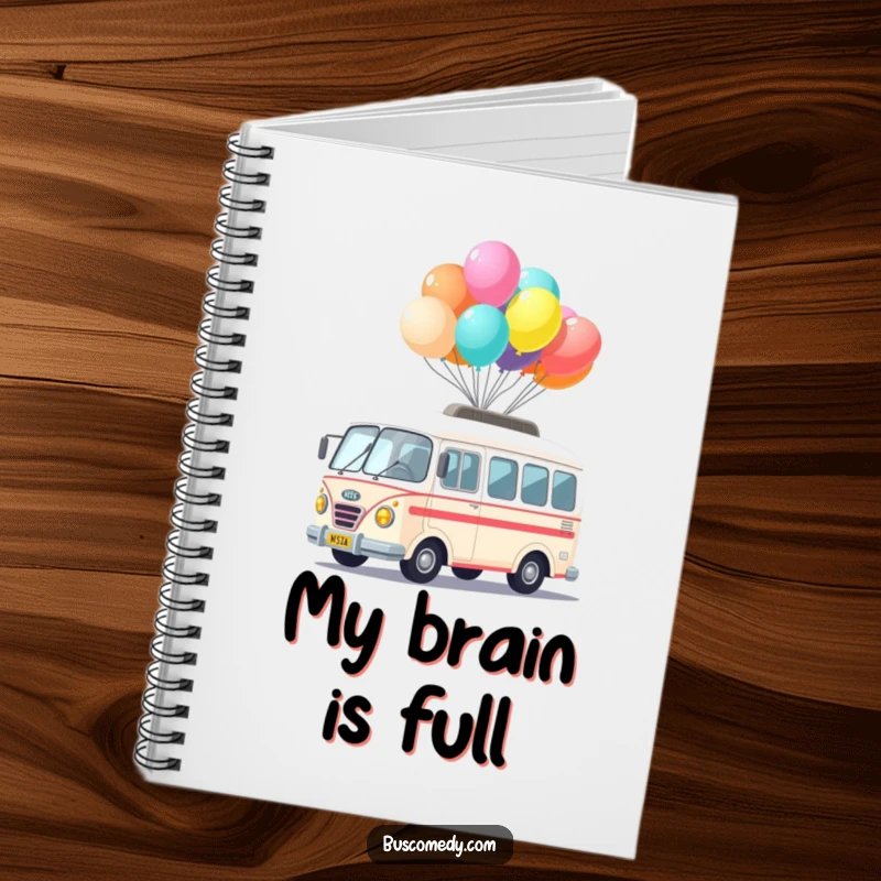 Funny Kawaii Bus Balloon Notebook with a cute bus character balancing colorful balloons, ideal for writing and creativity.