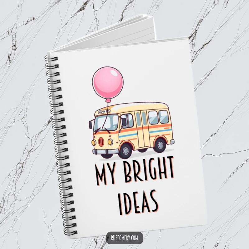 Funny Notebook with a happy bus character and a large, bouncing balloon tied to its roof, for jotting down notes.