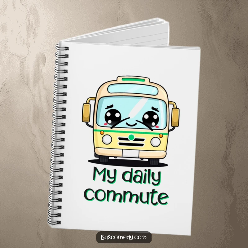 Funny kawaii bus notebook, big cheerful eyes, friendly honking, cute stationery, jotting down happy thoughts.