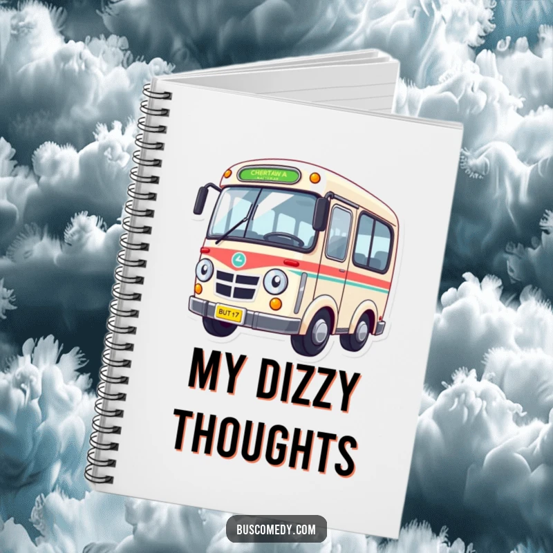 Funny Notebook featuring a dizzy bus character with wheels spinning in a comical blur, for jotting down notes.