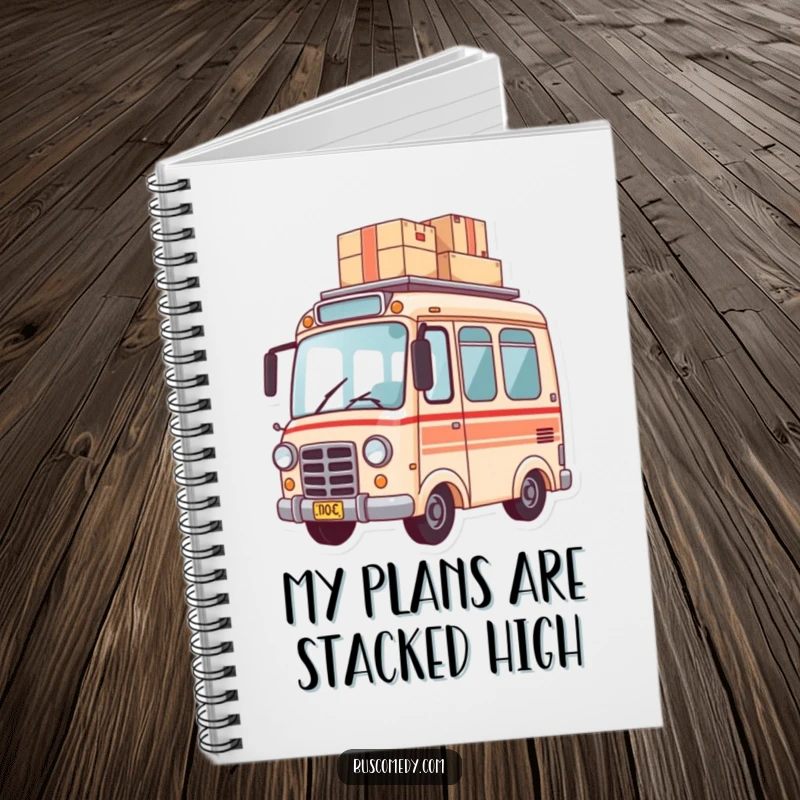 Funny notebook cover featuring a small bus character balancing a stack of packages, ready for notes and plans.