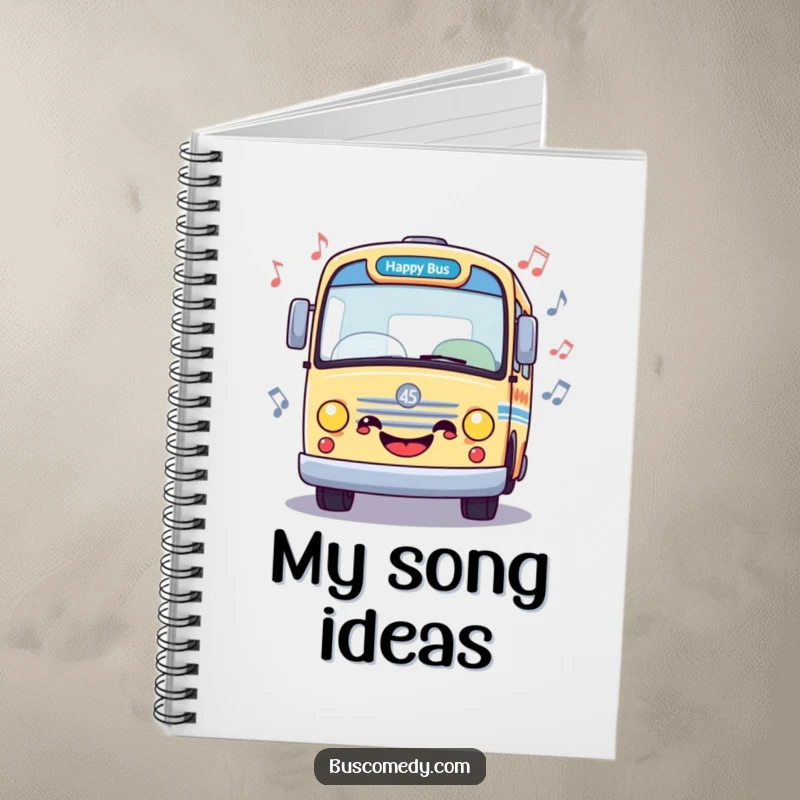 Funny notebook featuring a happy bus surrounded by musical notes, ideal for songwriting and music notes, a practical and funny gift.