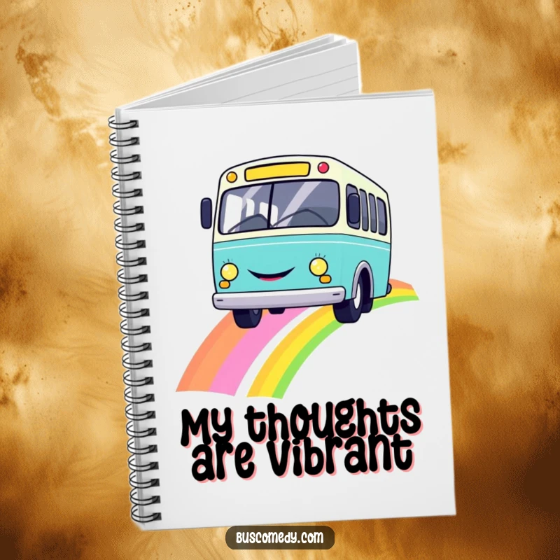 Funny notebook with a cover illustrating a happy bus with a smiley face driving on a vibrant rainbow.