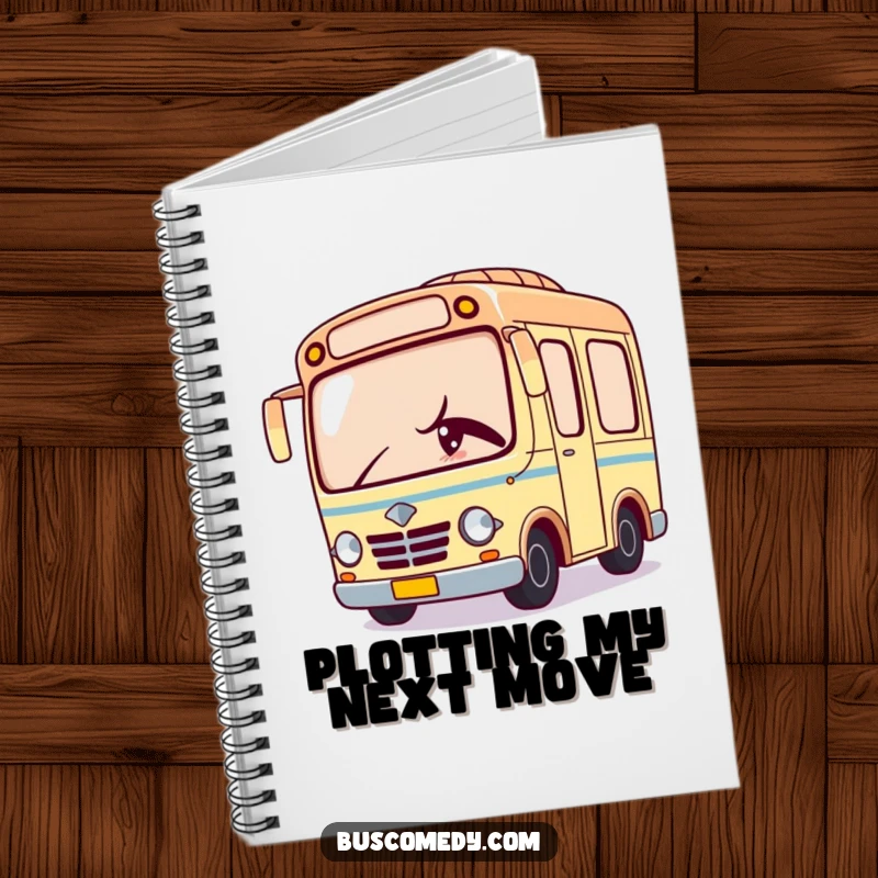 Funny notebook featuring a Kawaii bus character peeking from the side with a sly wink, ready for your secrets.