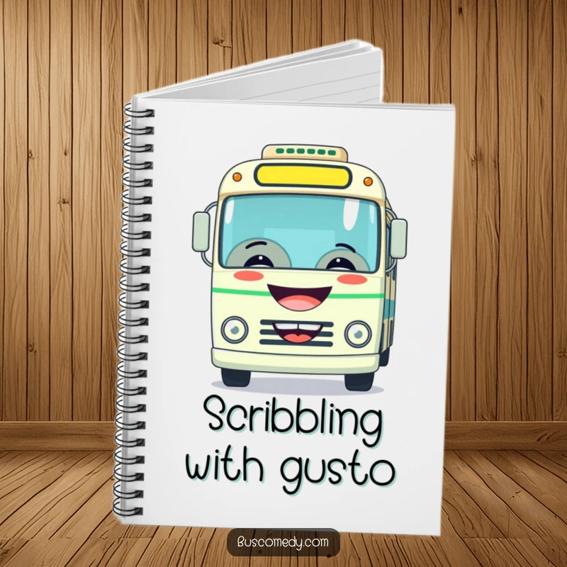Funny notebook cover featuring a bus with a wide grin, playfully honking its horn, ready for notes.